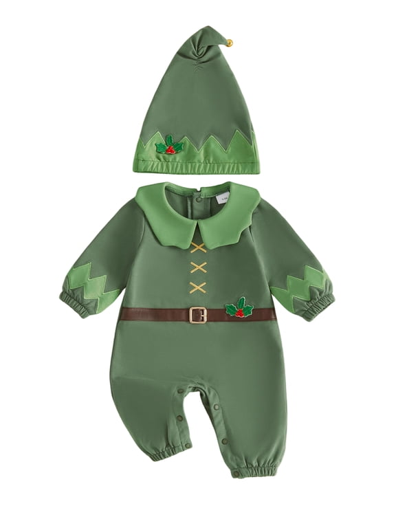 Baby Christmas Elf Costume Romper Long Sleeve Doll Collar Jumpsuit with Hat