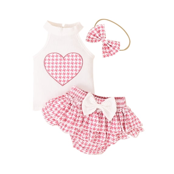 LMLYSoH Baby Girl 3Pcs Summer Outfits, Sleeveless Heart Embroidery Tank Tops + Shorts + Headband Set Infant Clothes