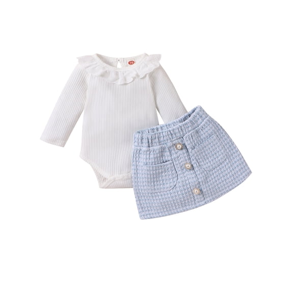 LMLYSoH Baby Girl Fall Outfits Rib Knit Doll Collar Long Sleeve Rompers Buttons Plaid Skirts 2Pcs Clothes Set