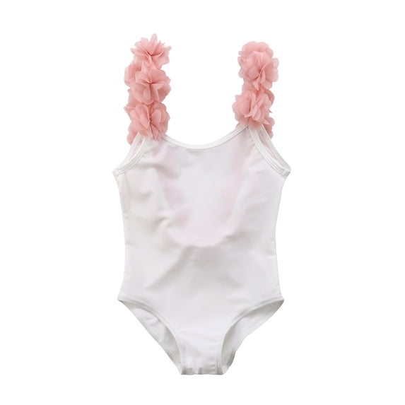 LMLYSoH Baby Girl One-piece Swimsuit, Backless Swimwear with Flower Shoulder Straps, Solid Color Bathing Suit for Summer