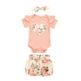 thumbnail image 1 of LMLYSoH Baby Girl Summer Clothes Set, Ruffle Short Sleeve Rib Knit Romper + Floral Shorts + Headband Set, 1 of 9