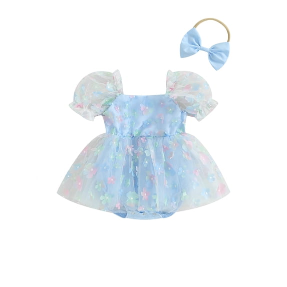 LMLYSoH Baby Girl Summer Outfits Short Puff Sleeve 3D Flower Romper Tulle Dress with Headband Set 2Pcs Clothes