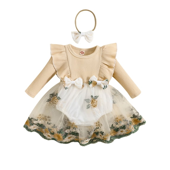 LMLYSoH Baby Girls 2 Piece Outfits Embroidery Long Sleeves Romper Dress and Cute Headband for Toddler Infant Fall