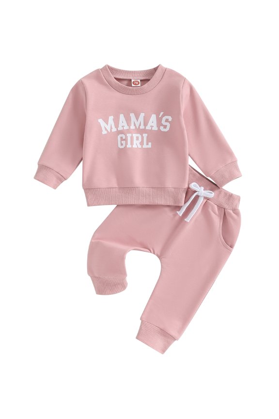 Baby Girls 2-piece Outfit, Long Sleeve Crew Neck Letters Print Sweatshirt with Elastic Waist Sweatpants Fall Clothes