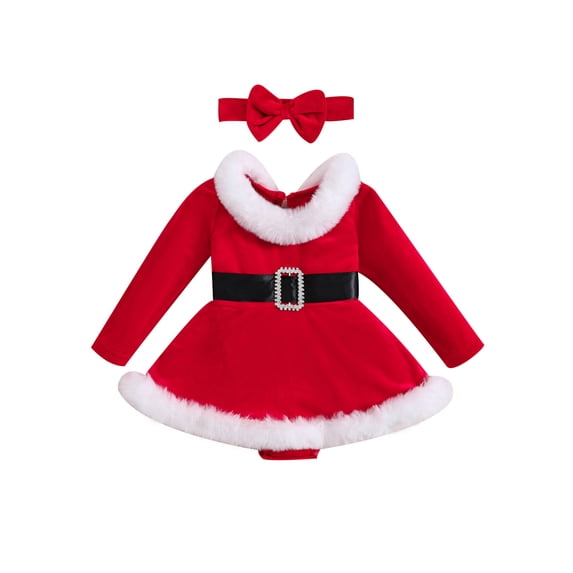 LMLYSoH Baby Girls 2Pcs Christmas Outfits Long Sleeve Fur Trim Velvet Romper Dress + Headband Set Newborn Clothes