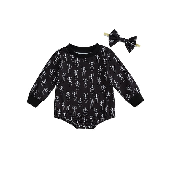 LMLYSoH Baby Girls 2Pcs Halloween Outfits Long Sleeve Skeleton Print Romper with Bow Headband Set Newborn Clothes