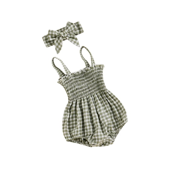 LMLYSoH Baby Girls 2Pcs Summer Outfits, Sleeveless Frill Smocked Strap Romper with Headband Set