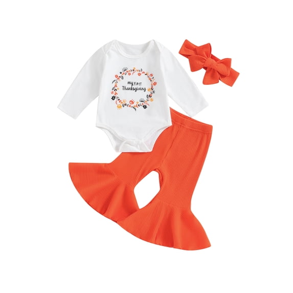 LMLYSoH Baby Girls 3PCS Pants Sets Long Sleeve Letter Wreath Print Romper Solid Color Flared Pants Headband Sets