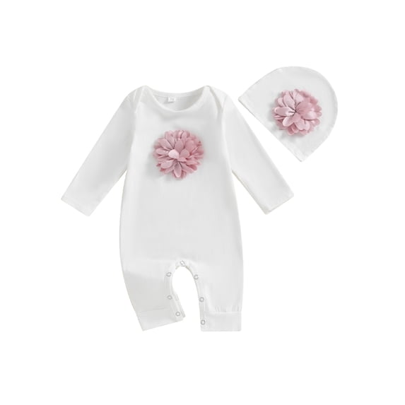 LMLYSoH Baby Girls Autumn Clothes Set Long Sleeve 3D Flower Solid Color Romper + Hat Infant 2Pcs Cute O Neck Outfits
