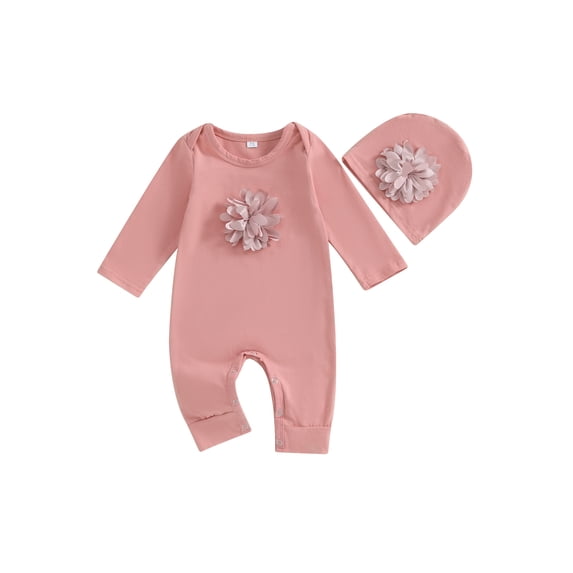LMLYSoH Baby Girls Autumn Clothes Set Long Sleeve 3D Flower Solid Color Romper + Hat Infant 2Pcs Cute O Neck Outfits