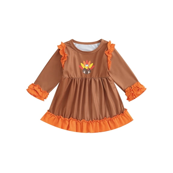 LMLYSoH Baby Girls Dress Turkey Print Frills Patchwork Crew Neck Long Sleeve Dress Fall Winter Princess Dress