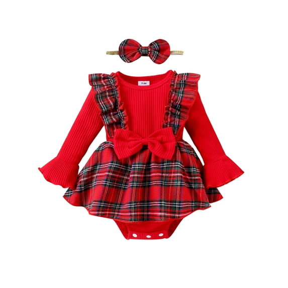 LMLYSoH Baby Girls Long Sleeve Rompers Infant Ribbed Plaid Round Neck Bodysuit Headband Newborn Jumpsuits for Winter