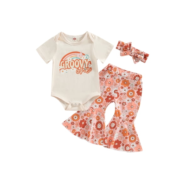 LMLYSoH Baby Girls Pants Set, Short Sleeve Letters Rainbow Print Romper with Floral Flare Pants and Headband