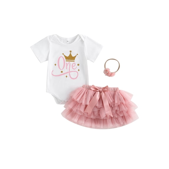LMLYSoH Baby Girls Summer Outfit Sets White Short Sleeve Letter Crown Print Romper + Pink Tulle Skirt + Headband