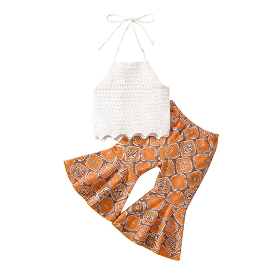 LMLYSoH Baby Girls Summer Outfits Summer Sleeveless Halterneck Tops and Geometric Print Casual Flared Pants Set