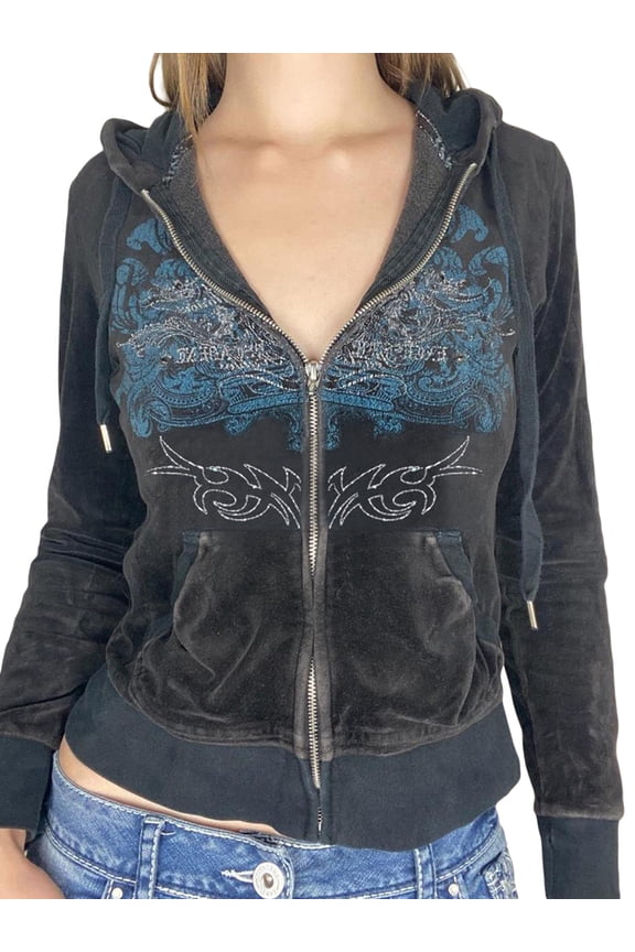 Female Coat, Rhinestone Printed Patterns Long Sleeve Hooded Zipper Jacket for Spring Fall, Black, S/M/L/XL