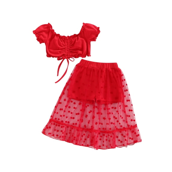 LMLYSoH Girl's Two-Piece Suit, Toddler Kid Girl Ruffle Trim Drawstring Pleated Short Sleeve Tops + Patchwork Mesh Shorts