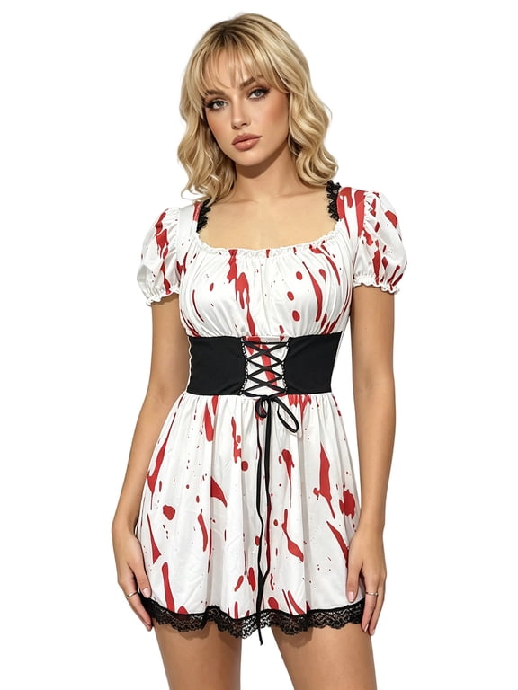Halloween Bloody Dresses for Women Lace Trim Mini Dress with Belt