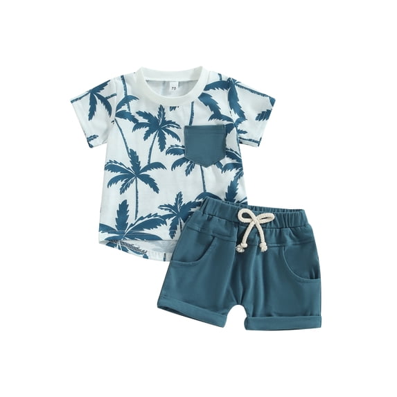 LMLYSoH Infant Boy Summer Clothes Suits Beach Style Tree Print Short Sleeve Crew Neck T-Shirts and Elastic Waist Shorts 2Pcs Set