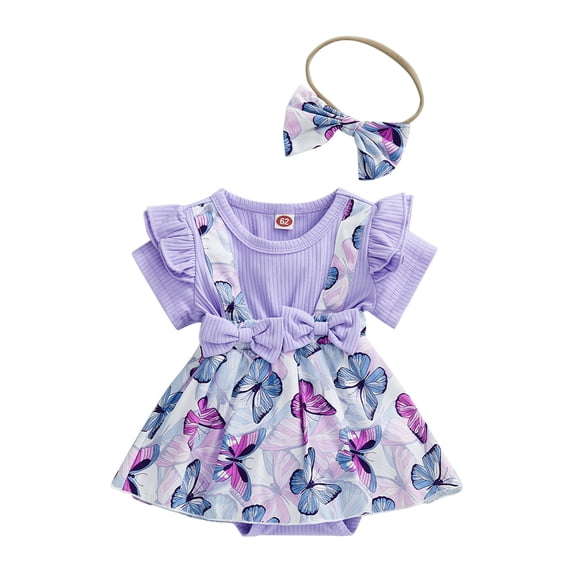 LMLYSoH Infant Girl Short Sleeve Romper + Bow Headband, Butterfly Print Round Neck Princess Summer Clothing