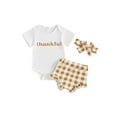 thumbnail image 1 of LMLYSoH Infant Girl Thanksgiving Jumpsuit Letter Short Sleeve Romper + Ruffled Plaid Print Shorts + Bow Headband, 1 of 9