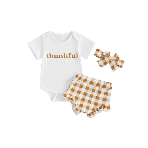 LMLYSoH Infant Girl Thanksgiving Jumpsuit Letter Short Sleeve Romper + Ruffled Plaid Print Shorts + Bow Headband
