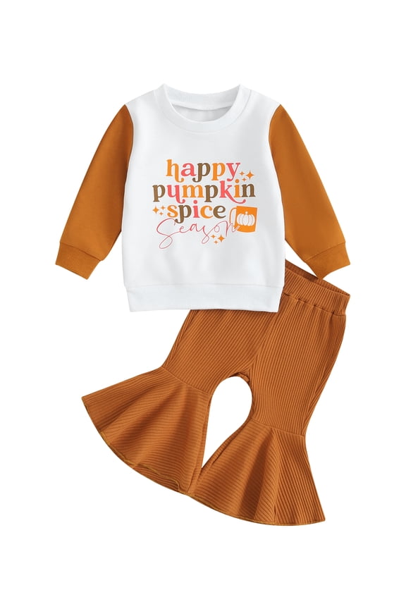 Kid Girls Pants Set, Long Sleeve Letters Print sweatshirt with Flare Pants Fall Outfit Halloween Thanksgiving Clothes