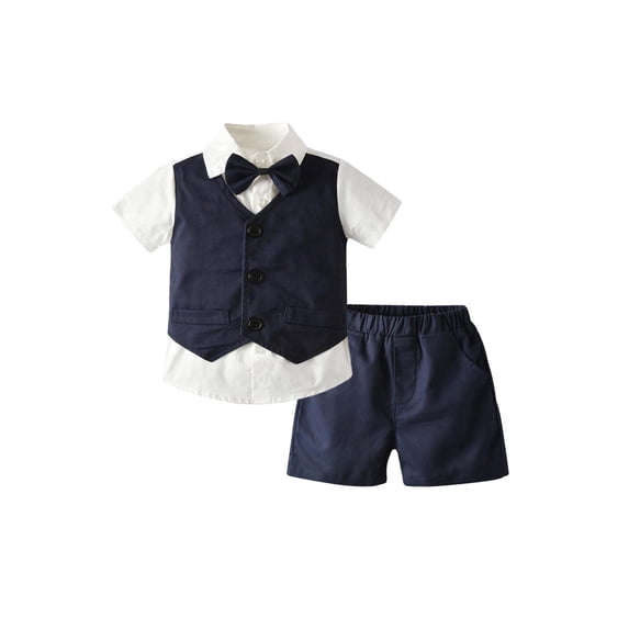 LMLYSoH Kids Boys Gentleman Clothes Outfits Patchwork Bowtie Short Sleeve Blazer Waistcoat Shirts Solid Color Shorts 2Pcs Suit