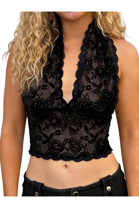 Lace Crop Halter Tops for Women Summer Sheer V-Neck Going out Cami Tops Backless Shirts for Streetwear