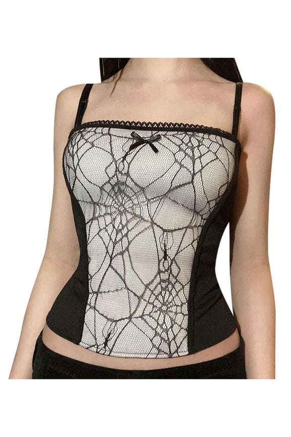 Ladies Summer Sexy Backless Camisole, Girls Creative Spider Web Lace Edge Back Zipper Sleeveless Tops Slim Base Shirt