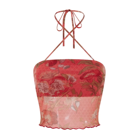 LMLYSoH Ladies Summer Sexy Midriff-baring Camisole, Floral Printing Stringy Selvedge Hem Hanging Neck Sleeveless Mesh Tops