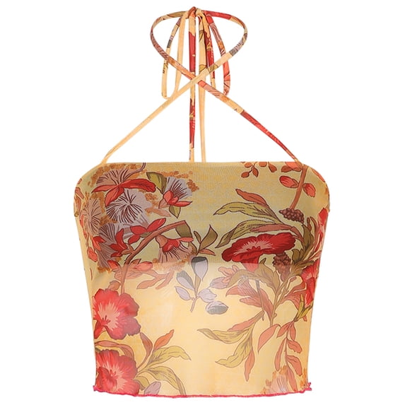 LMLYSoH Ladies Summer Sexy Midriff-baring Camisole, Floral Printing Stringy Selvedge Hem Hanging Neck Sleeveless Mesh Tops