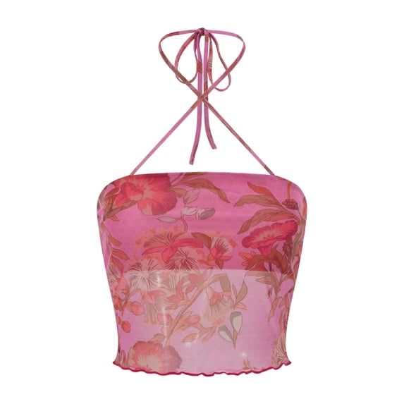 LMLYSoH Ladies Summer Sexy Midriff-baring Camisole, Floral Printing Stringy Selvedge Hem Hanging Neck Sleeveless Mesh Tops