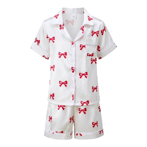 LMLYSoH Mommy and Me Matching Pajamas Bow Print Button Down Short Sleeve Lapel Tops Shorts Family Satin Sleepwear