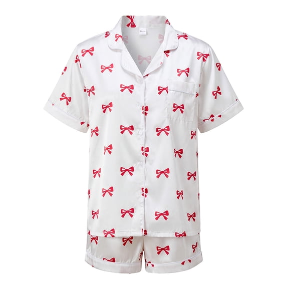 LMLYSoH Mommy and Me Matching Pajamas Bow Print Button Down Short Sleeve Lapel Tops Shorts Family Satin Sleepwear