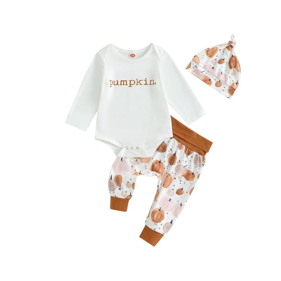 LMLYSoH Newborn 3 Piece Pants Set Baby Girl Boy Halloween Letter Print Romper and Pants Hat Outfits Infant Clothing