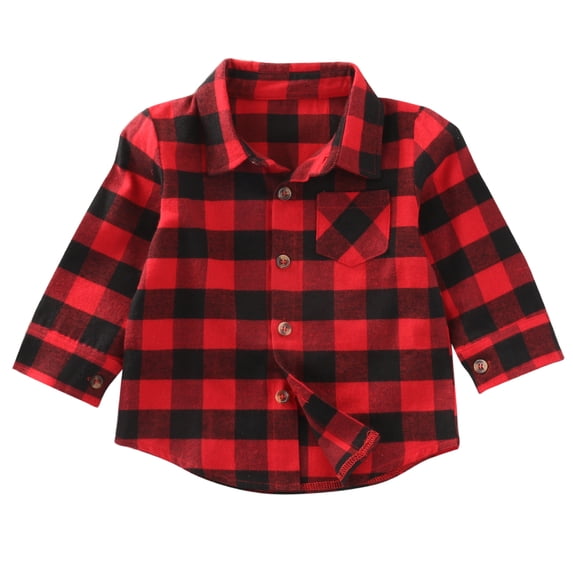 LMLYSoH Toddler Baby Boy Girl Long Sleeve T Shirt Red Black Plaid Print Lapel Top Blouse Clothes
