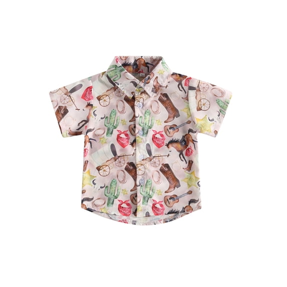 LMLYSoH Toddler Baby Boys Western Shirts, Summer Short Sleeve Cartoon Print Button Down Shirts