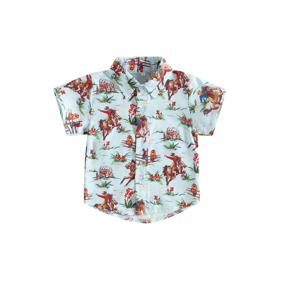 LMLYSoH Toddler Baby Boys Western Shirts, Summer Short Sleeve Cartoon Print Button Down Shirts