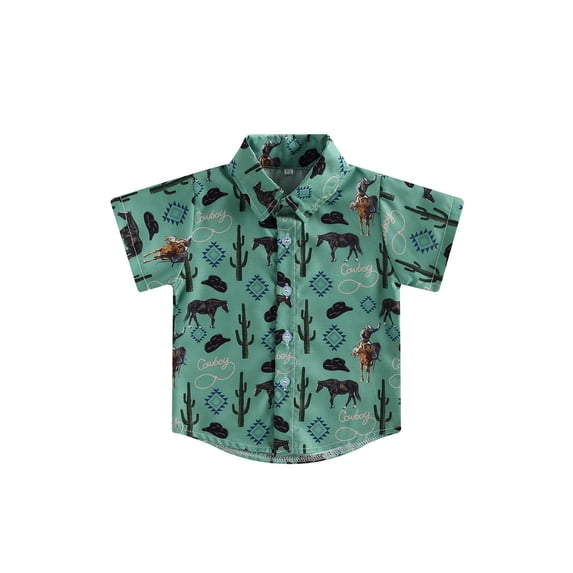 LMLYSoH Toddler Baby Boys Western Shirts, Summer Short Sleeve Cartoon Print Button Down Shirts