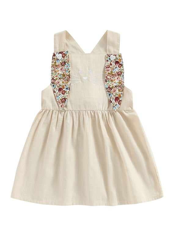 Toddler Baby Easter Overall Dress, Cute Sleeveless Square Neck Bunny Suspender Dress