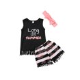 thumbnail image 1 of LMLYSoH Toddler Baby Girl Summer Clothes Sleeveless Tassel Letter Print Vest + Striped Shorts + Bow Hairband, 1 of 8