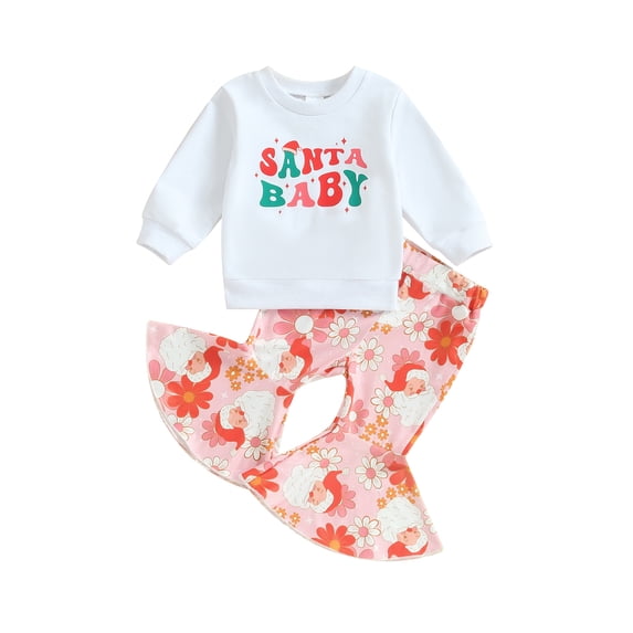 LMLYSoH Toddler Girl Fall Outfits Santa Flower/Letter Print Crew Neck Sweatshirts Flare Pants 2Pcs Christmas Clothes Set