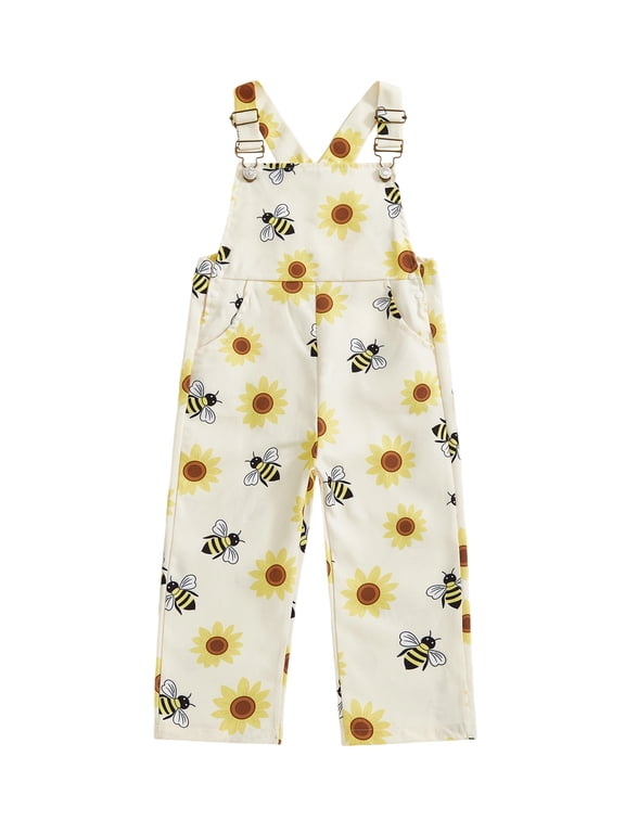 Toddler Girls Boy Fall Overalls Bee Sunflower Print Sleeveless Square Neck Romper