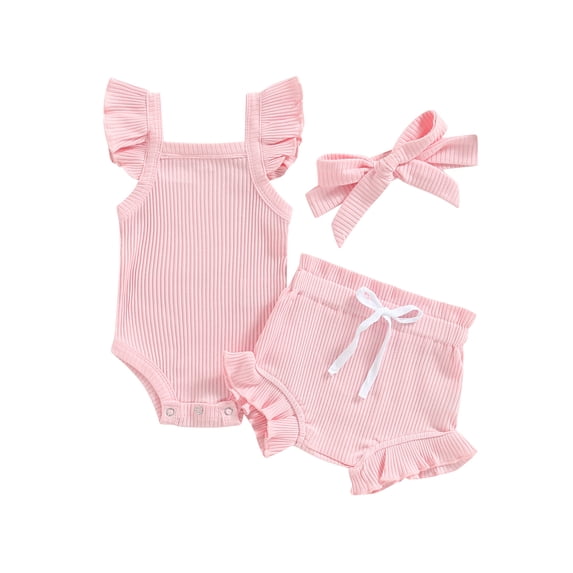 LMLYSoH Toddler Girls Clothes, Fly Sleeve Solid Color Romper Tops Drawstring Short Pants Headband Casual Outfits