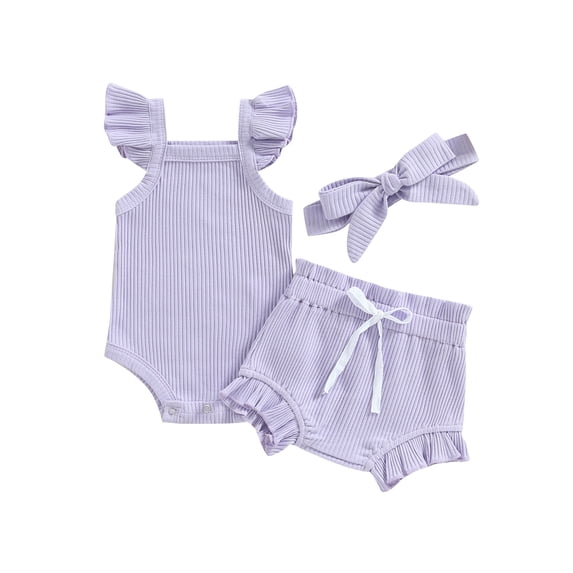LMLYSoH Toddler Girls Clothes, Fly Sleeve Solid Color Romper Tops Drawstring Short Pants Headband Casual Outfits