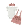 thumbnail image 1 of LMLYSoH Toddler Girls Summer Clothes Flying Sleeve Ribbed Romper and Solid Color Suspender Skirt with Headband 3Pcs Outfits, 1 of 8
