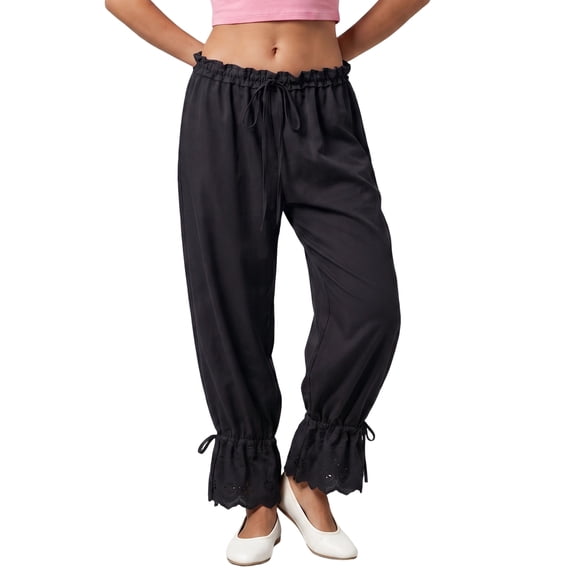 LMLYSoH Women Bloomer Pants Drawstring Waist Eyelet Lace Cuff Cozy Harem Trousers