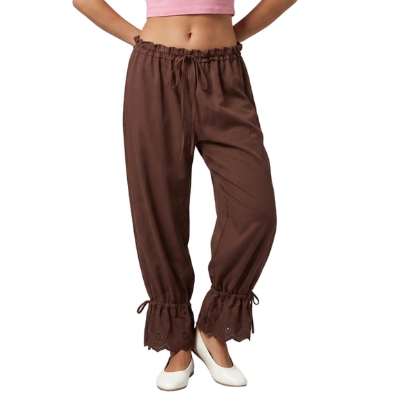 LMLYSoH Women Bloomer Pants Drawstring Waist Eyelet Lace Cuff Cozy Harem Trousers