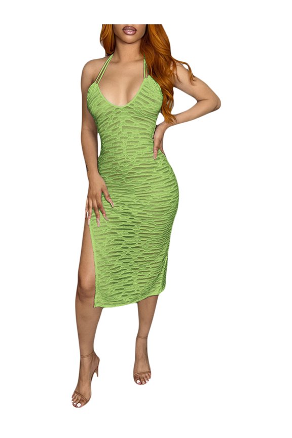 Women Bodycon Dress, Sleeveless Tie-up Halterneck Backless Ripped Slit Summer Midi Dress Clubwear
